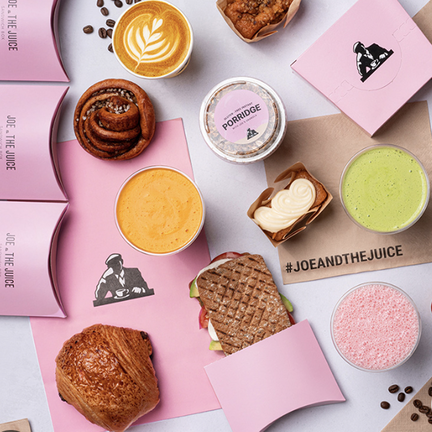 Joe and The Juice packaging, sandwiches, and juices