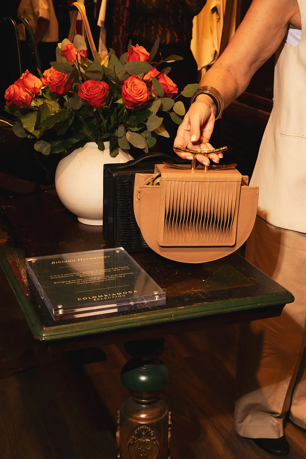 Designer handbag display by Bibiana Hernandez featured at the Colombiamoda Oficial x Storytime launch event at The Canvas NYC.