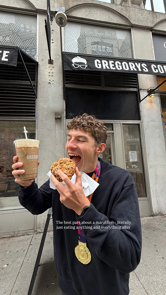 A male micro-influencers showing off a coffee and a pastry from Gregory's coffee that he received as part of his influencer collaboration via the Storytime app.