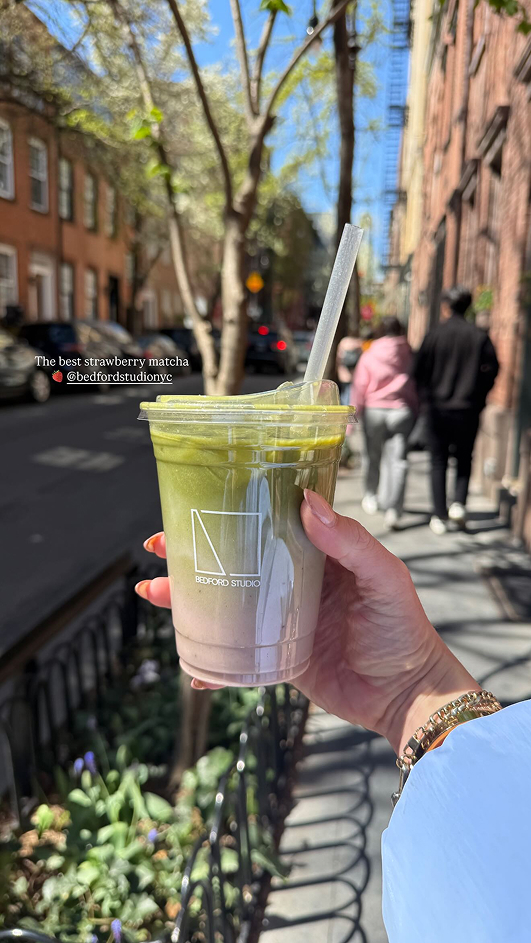 Lavendar Matcha Latte from Bedford Studio held by micro lifestyle influencer Emma Williams