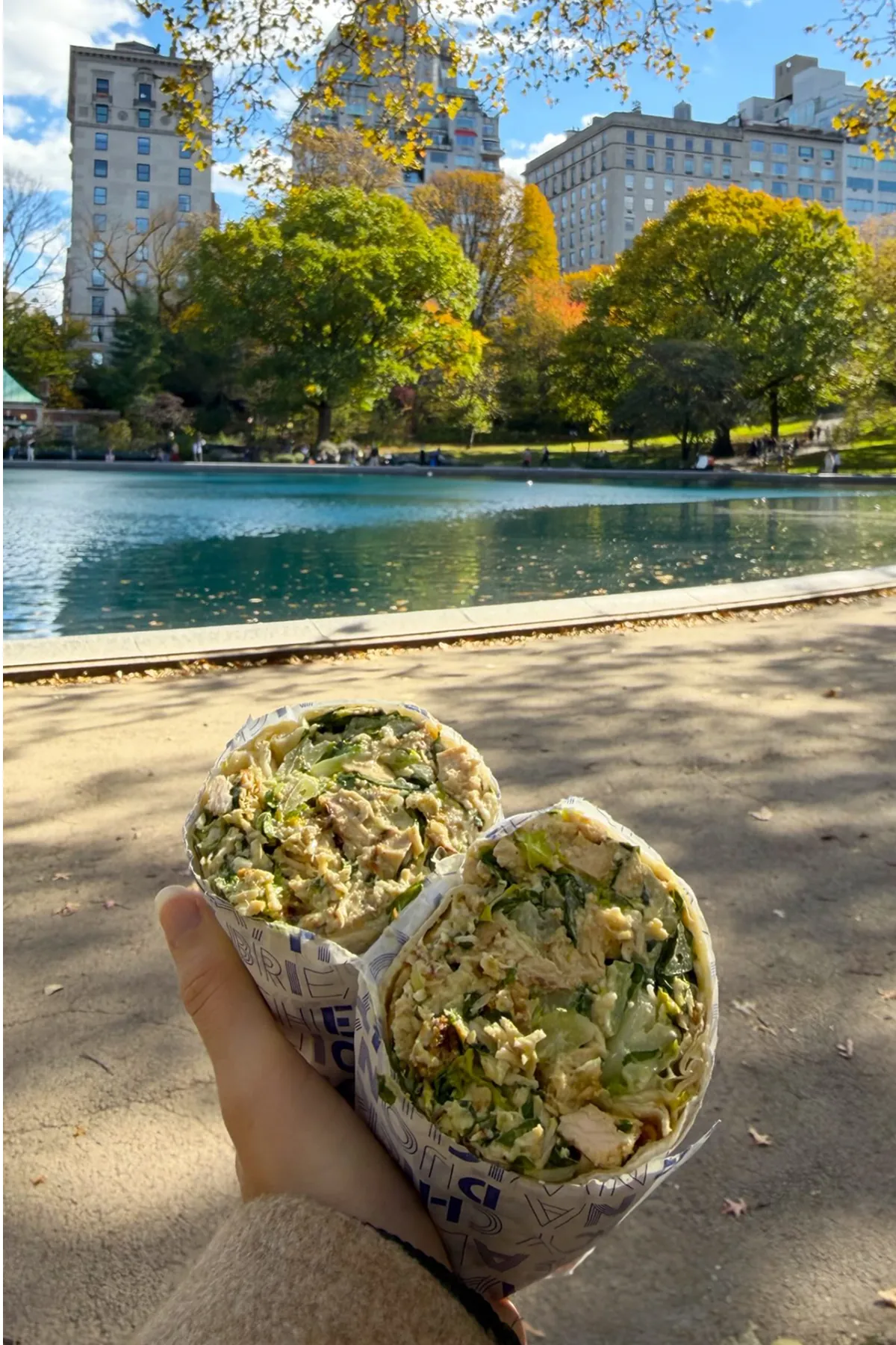 A person holds a Lenwich Caesar Wrap in front of the Central Park pond in New York City. The wrap, filled with chicken, lettuce, and croutons, is wrapped in Lenwich-branded paper and photographed on a sunny autumn day with trees, clear blue water, and city buildings in the background. The image captures the viral, lifestyle-driven appeal of Lenwich’s signature sandwich.