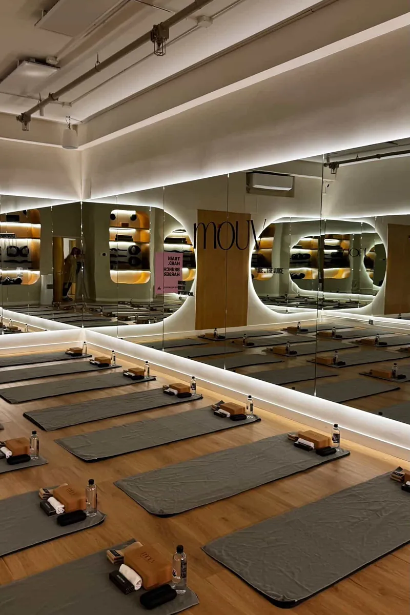 Pilates reformer studio setup at Mouv Pilates Studio in NYC prepared for the Storytime wellness event with Joe & The Juice and fitness creators.